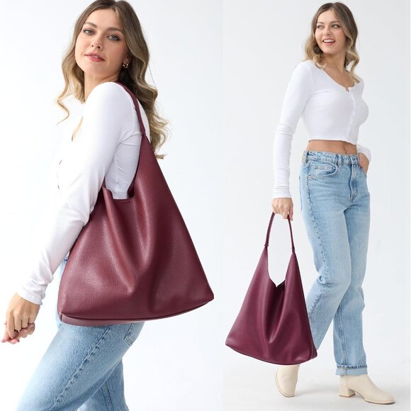 Women Dark Red Imported Polyester Leather Hobo Soft Vegan Shoulder Tote Bags - Picture 2 of 6
